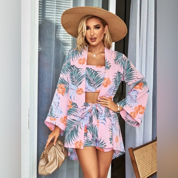 Other - (131)- Tropical 🌴 Print Shirred Cami & Shorts & Kimono🌞 Baby Pink 🤩 Comfy!🤗